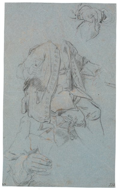 Estudio de hombre sentado (cabeza solo esbozada) y dos estudios de detalles de manos de Heinrich Dittmers
