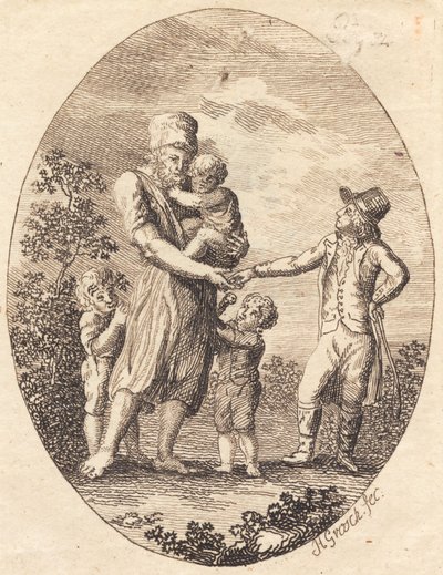 Un caballero da una moneda a un hombre con dos niños de Heinrich Grosch