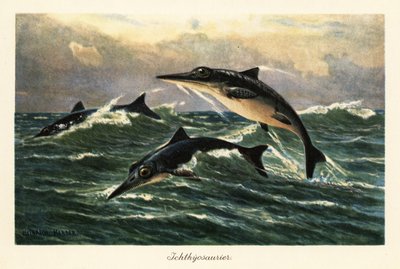 Ictiosaurios extintos saltando sobre el océano. de Heinrich Harder