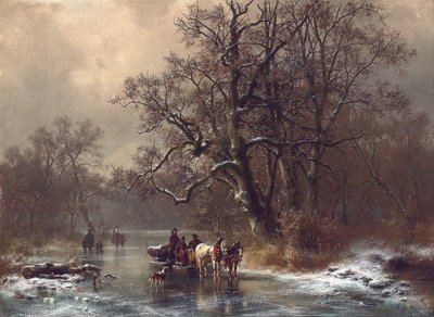 Leñadores en una vía fluvial congelada, 1873 de Heinrich Hofer