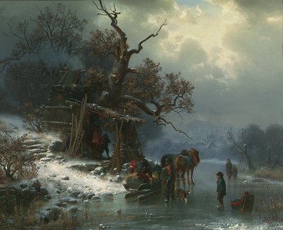 Paisaje de invierno con figuras en un río congelado de Heinrich Hofer