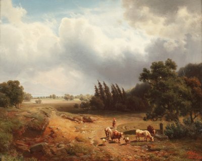Paisaje boscoso con una pastora y su ganado, 1862 de Heinrich Hofer