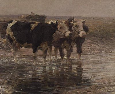 Ganado bebiendo agua de Heinrich Johann von Zugel