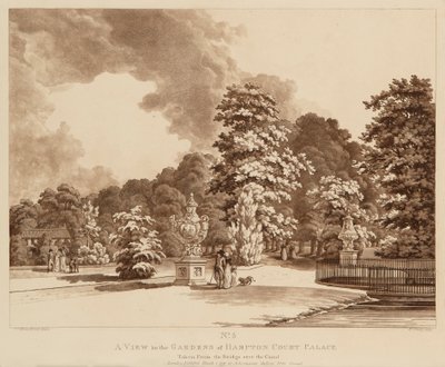 Vista de los jardines del Palacio de Hampton Court (aguafuerte y aguatinta) de Heinrich Joseph Schuz