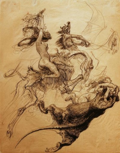 Mujer desnuda montando un esqueleto y diablo en un pterodáctilo de Heinrich Kley