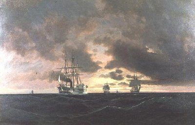 Un barco de vapor de paletas y otros barcos en un oleaje de Heinrich Leitner