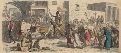 Un faraón egipcio antiguo partiendo a la guerra (grabado coloreado) de Heinrich Leutemann