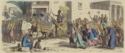 Un faraón egipcio antiguo partiendo a la guerra (grabado coloreado) de Heinrich Leutemann