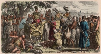 Egipto antiguo: los prisioneros llevados ante el faraón victorioso Ramsés II, para que les corten las manos, 1866 de Heinrich Leutemann