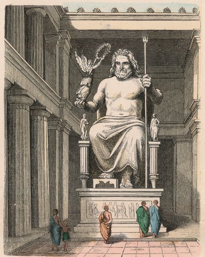 Grecia Antigua: Estatua de Zeus en el templo de Olimpia - Escultura de Fidias, c. 440/30 a.C. una de las Siete Maravillas del Mundo de Heinrich Leutemann