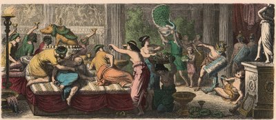Roma Antigua: Un banquete con una actuación de gladiadores de Heinrich Leutemann