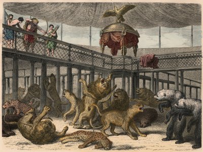 Roma antigua: Caza de bestias salvajes en el anfiteatro por el Emperador, 1866 de Heinrich Leutemann