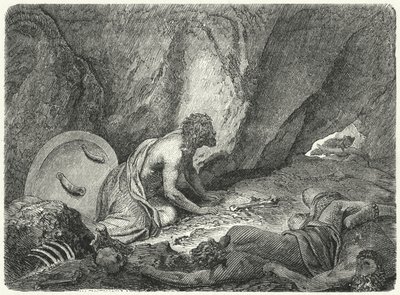 Aristómenes escapando del pozo en el que fue arrojado por los espartanos de Heinrich Leutemann
