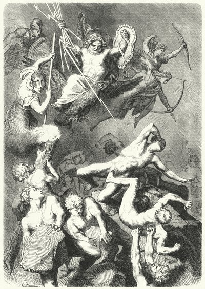 Batalla entre los dioses griegos antiguos y los titanes (grabado) de Heinrich Leutemann