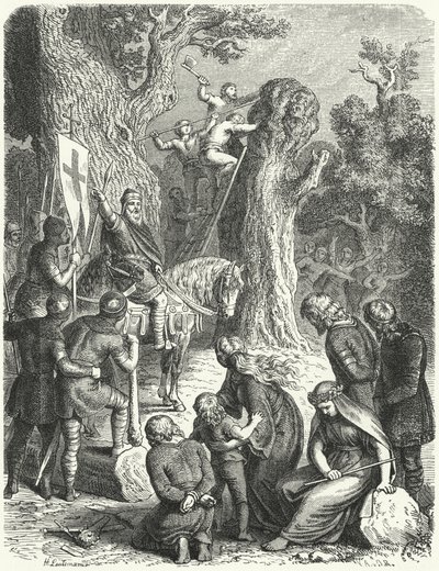 Carlomagno ordena la tala del Irmensaule, árbol sagrado de los sajones, 772 (grabado) de Heinrich Leutemann