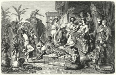 Escena de la corte de uno de los reinos helenísticos en los que se dividió el imperio de Alejandro Magno tras su muerte (grabado) de Heinrich Leutemann