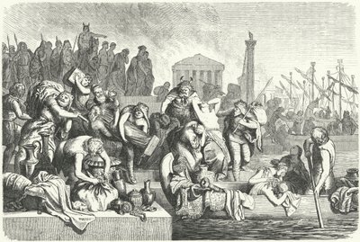 Partida de una flota vándala cargada de botín de una ciudad saqueada (grabado) de Heinrich Leutemann
