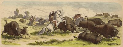 Nativos americanos a caballo cazando búfalos (grabado coloreado) de Heinrich Leutemann