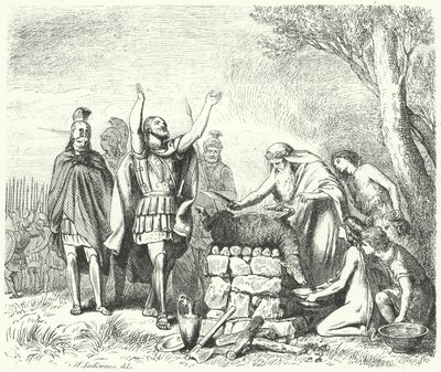 Pausanias haciendo un sacrificio a los dioses antes de la Batalla de Platea, 479 a.C. (grabado) de Heinrich Leutemann