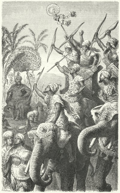Porus, rey de los Pauravas, revisando sus elefantes de guerra de Heinrich Leutemann