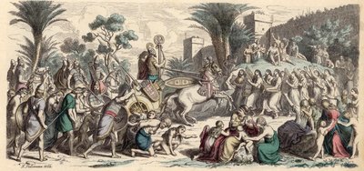 Recepción de un ejército asirio victorioso (grabado coloreado) de Heinrich Leutemann