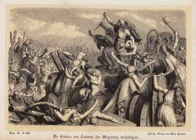 Mujeres de los cimbrios y teutones defendiendo su tren de bagajes contra los romanos (grabado) de Heinrich Leutemann