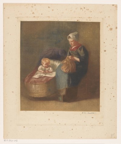 Mujer manual junto a un niño una cuna de Heinrich M. Krabbé (signed by artist)