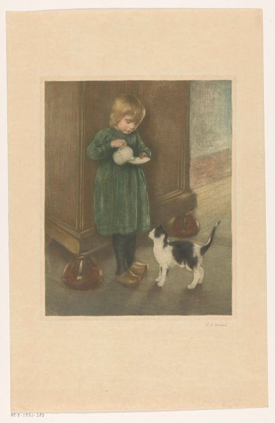 Chica alimentando a un gato de Heinrich M. Krabbé (signed by artist)