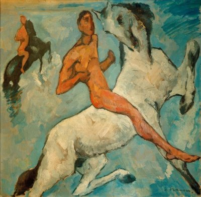 Jinete en el agua sobre fondo azul de Heinrich Nauen
