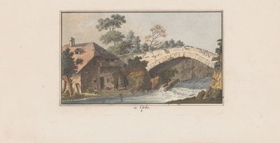 Casa junto a un puente sobre un río en Orbe
à Orbe (título en el objeto)
Paisajes en Suiza (título de la serie)
Sammlung einiger Aussichten in der Schweiz (título de la serie) de Heinrich Rieter
