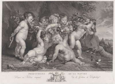 Siete putti llevando una guirnalda de frutas de Heinrich Schmitz