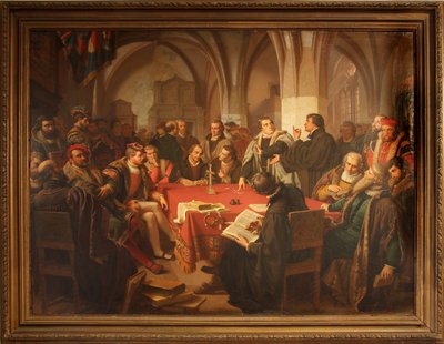 August Noack diálogo religioso en el castillo de Marburgo 1869 con marco de Heinrich Stürzl
