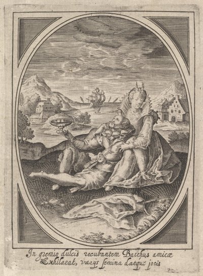 Una pareja sentada en el suelo, el hombre sosteniendo una copa y recostado contra... de Heinrich Ulrich