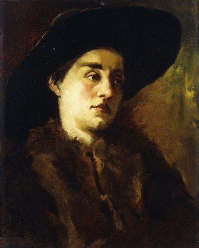 Retrato de una dama, con un abrigo de piel y sombrero negro de Heinrich Wilhelm Truebner