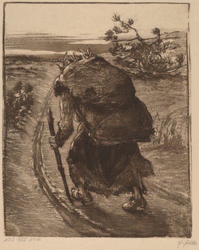 Una mujer cargando un fardo de palos de Heinrich Zille