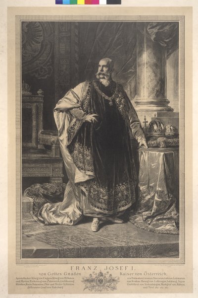 Figura entera de pie Francisco José I con la túnica de vellón de Heinrich von Angeli