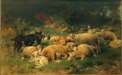 Ovejas descansando al borde del bosque de Heinrich von Zügel