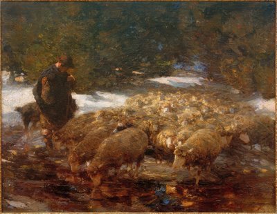 Pastor con ovejas en el paisaje de Heinrich von Zügel
