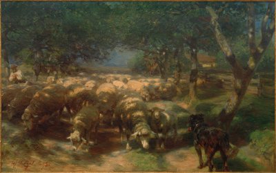 Rebaño de ovejas con perro de Heinrich von Zügel