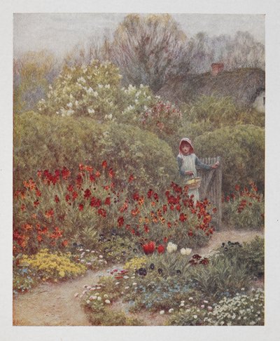 Una mujer abriendo una puerta en un jardín, ilustración de 