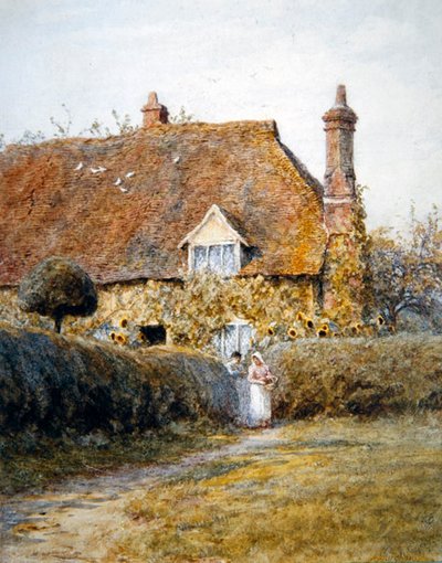 Junto a la puerta de una cabaña de Helen Allingham