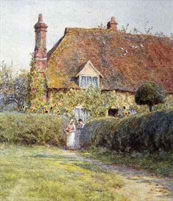Junto a la puerta de una cabaña de Helen Allingham