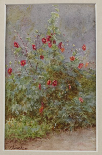 Borde de flores, malvarrosas y dalias de Helen Allingham