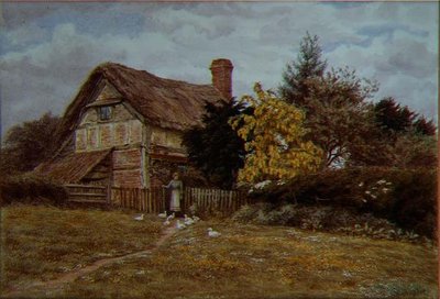 Cabaña Laburnum: una mujer alimentando patos de Helen Allingham