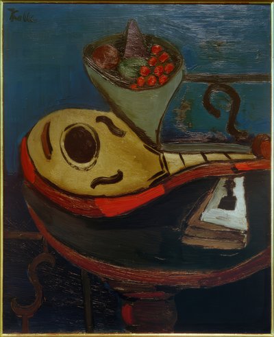 Naturaleza muerta: Mandolina y cuenco con frutas sobre una mesa de Helmut Kolle