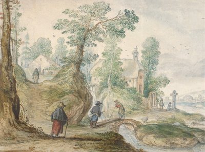 Paisaje fluvial arbolado con una iglesia y figuras, ca. 1613 de Hendrick Avercamp
