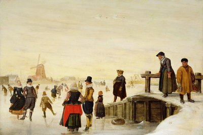 Figuras patinando en un paisaje holandés de Hendrick Avercamp