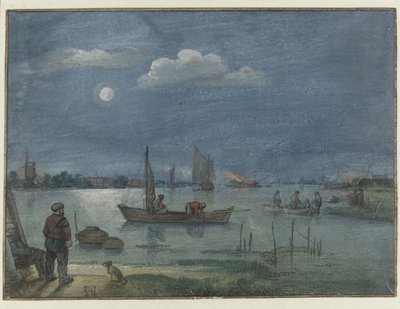 Paisaje de río iluminado por la luna con pescadores de Hendrick Avercamp