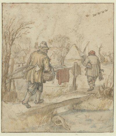 El regreso de los cazadores de patos / verso: Bocetos de barcos y de un hombre con ropa de invierno de Hendrick Avercamp