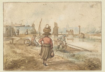 Paisaje fluvial con una mujer que lleva una cesta en la cabeza, pescadores y otras figuras cerca de las murallas de una ciudad de Hendrick Avercamp
